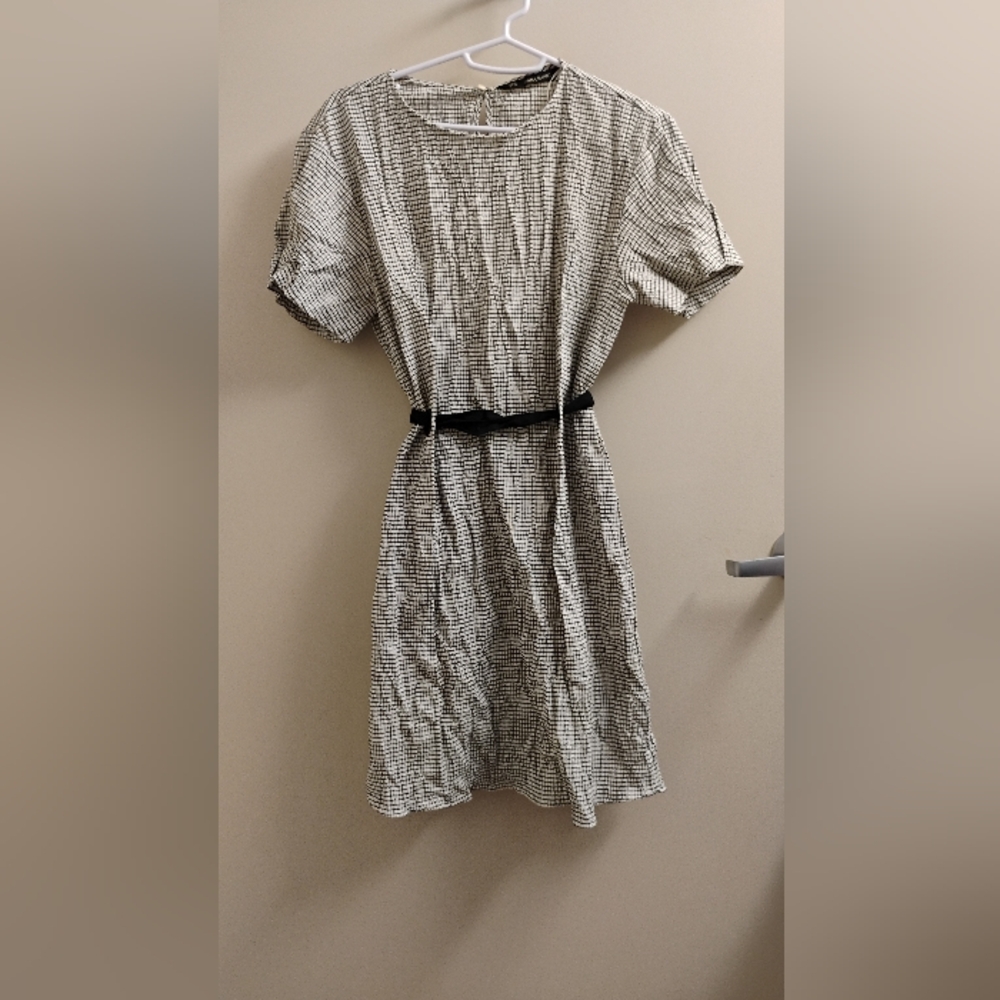 Zara Grid Print Cotton Mini Dress Tie Back Sz XS